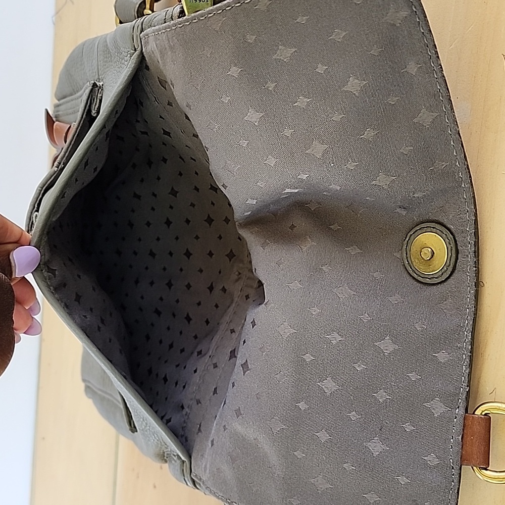 Fossil Morgan Pebbled Leather Traveler Crossbody Bag Purse Satchel Grey Green - Picture 4 of 12